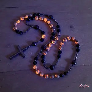 Natural Obsidian Yooperlite Rosary Necklace UV Reactive Protection Necklace Hematite Stone Cross Pendant